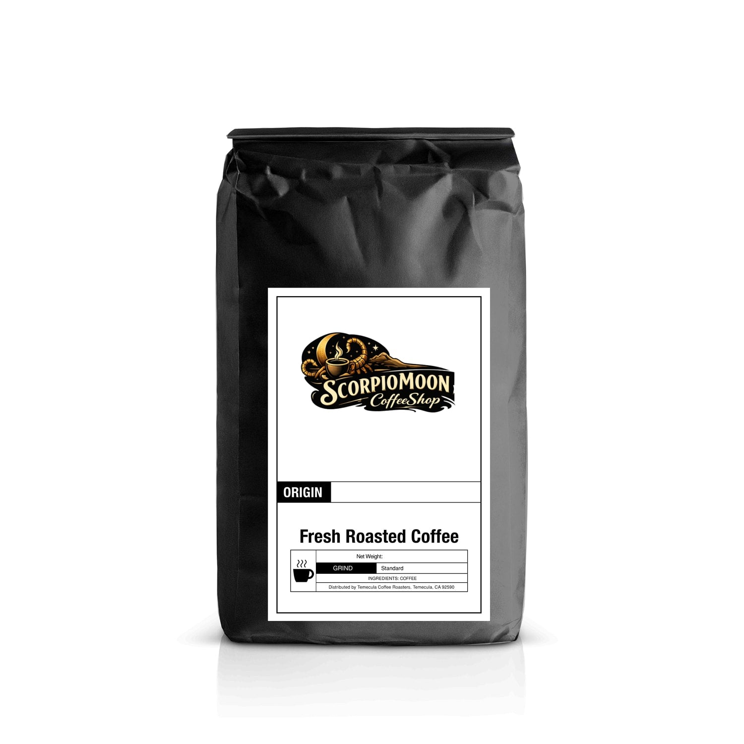 Black coffee bag with 'hot coffee club' label on a white background